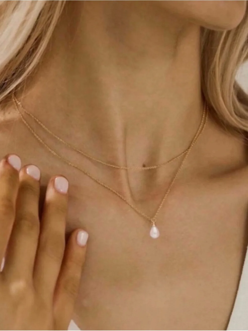 Gold Plated Stainless Steel Layered Faux Pearl Pendant Necklace